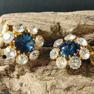 Rivoli Rhinestone Vintage Gold Tone Cufflinks Blue Clear Rhinestones Prong Set